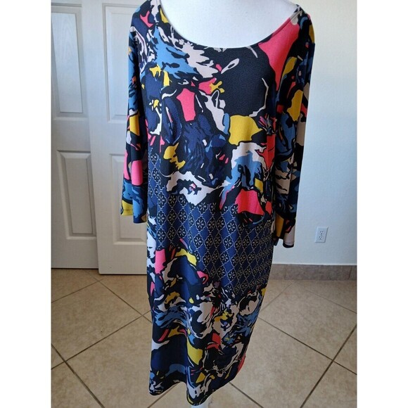 Dana Buchman‎ Women's Multi Color A-Line Dress 3/4 Sleeve Scoop Neck Size XL - Picture 1 of 14